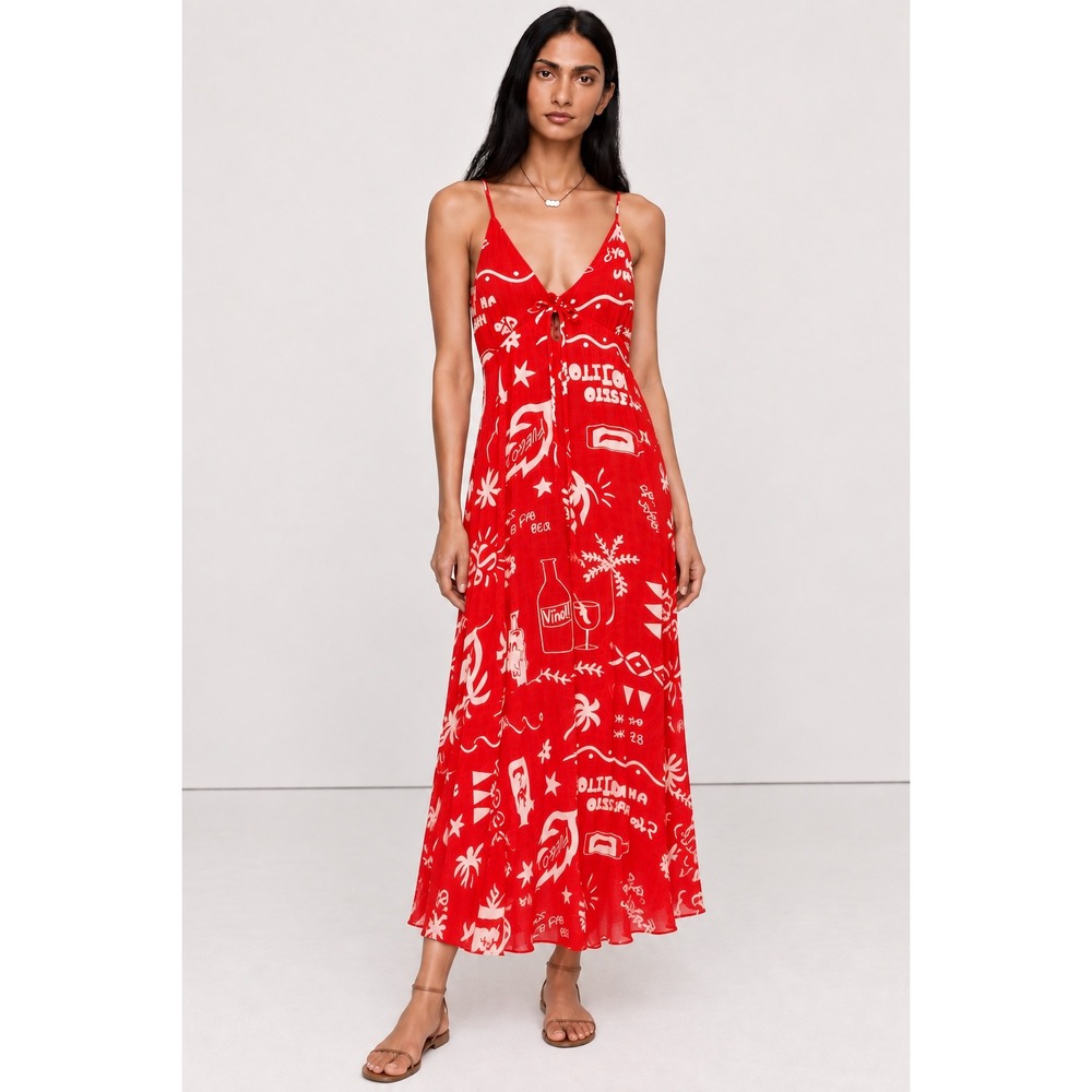 Paper Heart Red White Graphic Print Linen Blend Tie Back Maxi Dress NWT M